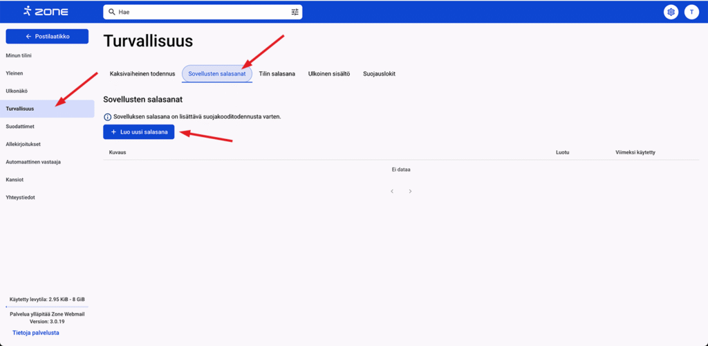 Sähköpostin kaksivaiheisen todennuksen aktivointi. Sovelluksen salasana voidaan luoda valikosta Katso kaikkia asetuksia -> Turvallisuus -> Sovellusten salasanat klikkaamalla Luo uusi salasana -painiketta.