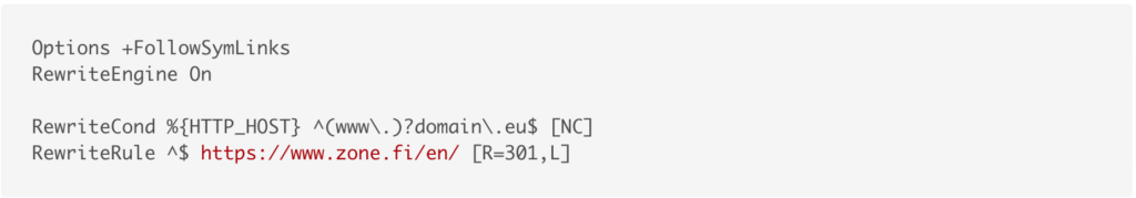 To redirect web-traffic the following lines of code are entered with text editor (Notepad, WordPad etc.) and then saved as .htaccess file, which must be uploaded to htdocs folder on the server.