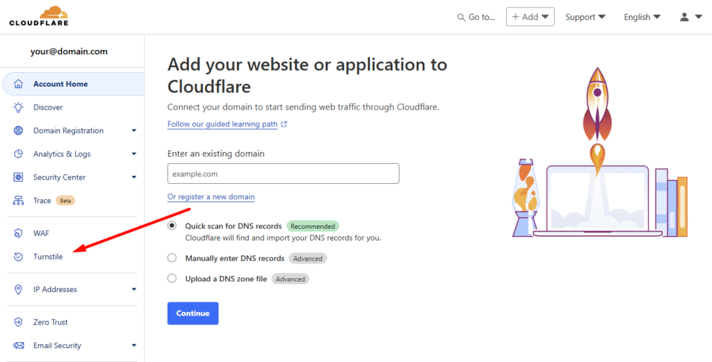 Securing forms on the website - Before protecting forms using Cloudflare Turnstile, create a Cloudflare account or log in to an existing one.