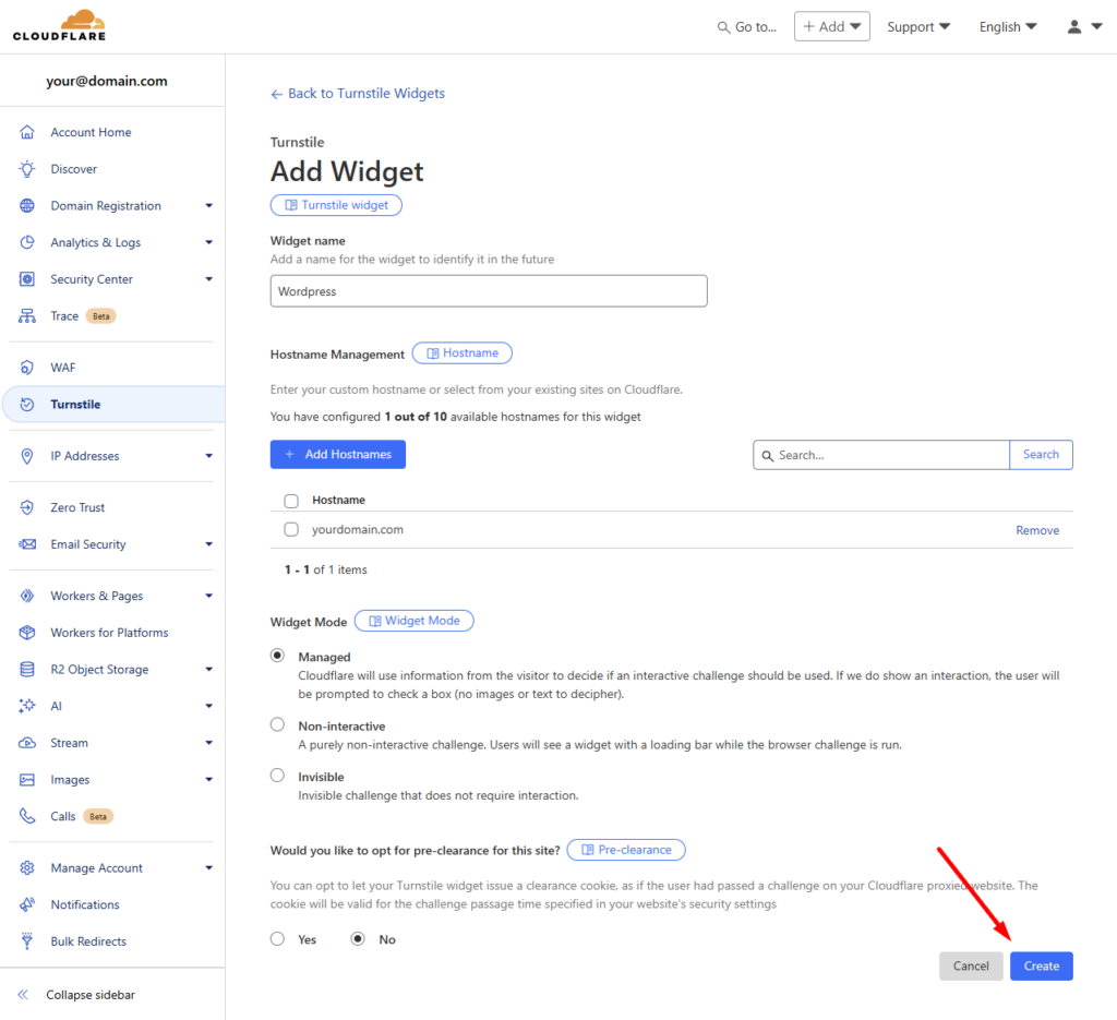 Securing forms on the website - Review the settings to ensure they’re correct before creating the widget. Leave the Widget Mode as "Managed," which automatically decides whether to display the CAPTCHA based on visitor behavior.