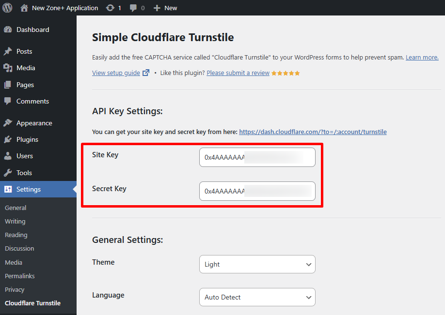 Securing forms on the website - Open the WordPress dashboard and install the Simple Cloudflare Turnstile plugin, then open its settings and input the Site Key and Secret Key from the previous step.