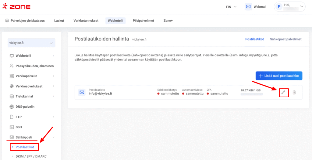 Sähköpostin salasanan vaihtaminen Zonessa on mahdollista My Zone webhotellin hallintapaneelissa.