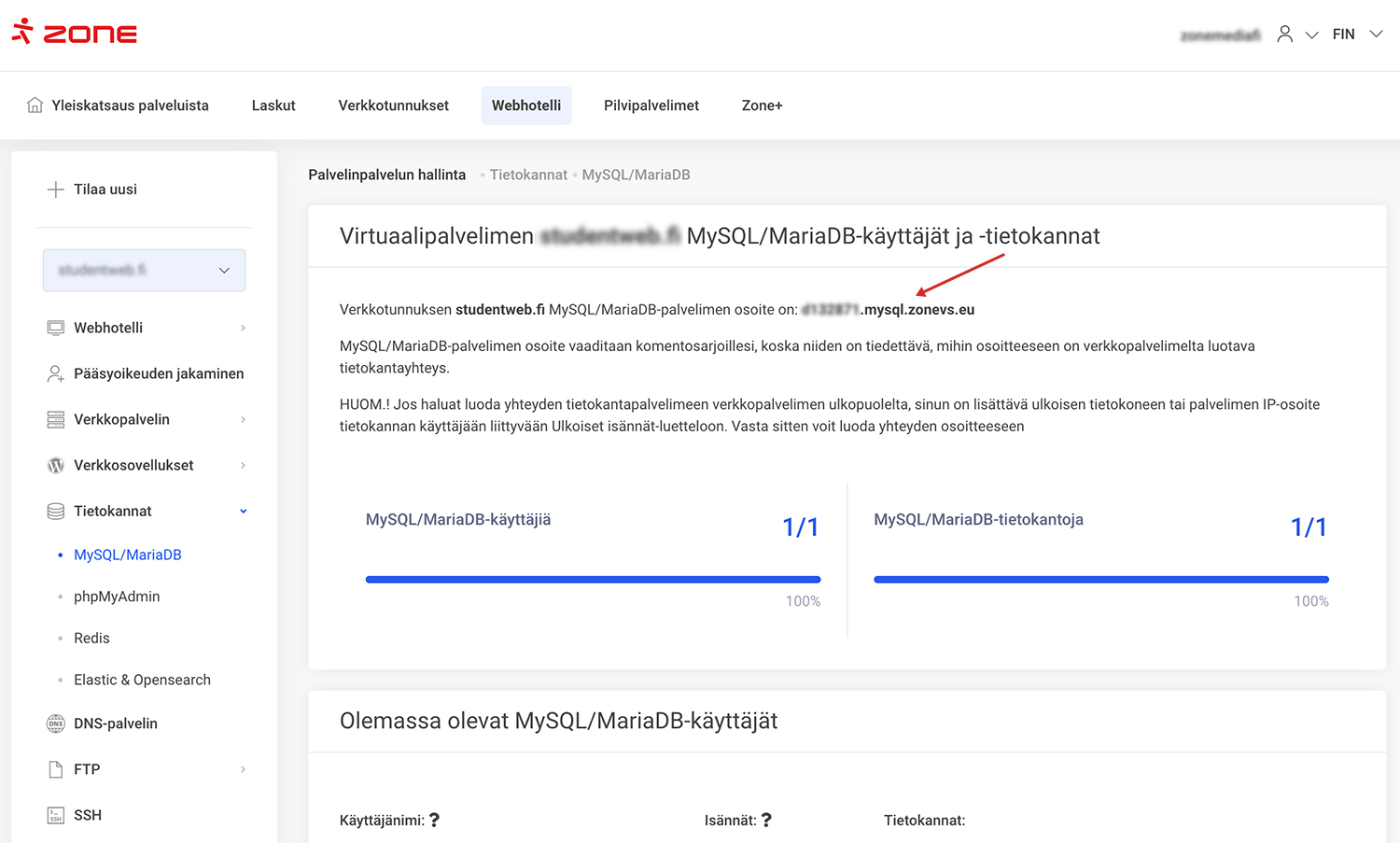 MySQL-osoite (hostname) on muotoa dxxxxx.mysql.zonevs.eu.