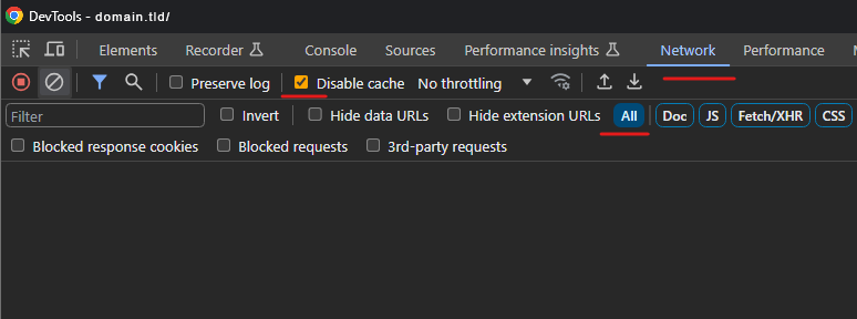 WAF - To check if the HTTP request was blocked can be with the web browser's tool DevTools (it can be opened by pressing F12). In it, go to the Network tab, disable cache and choose all request types: