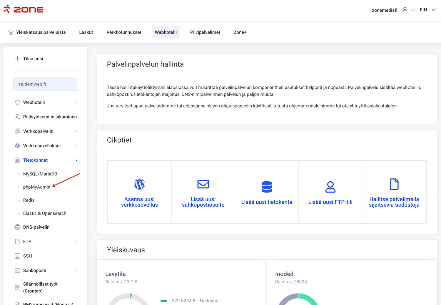 Kuinka päästä phpMyAdminiin? Kun olet kirjautunut My Zoneen, valitse Webhosting ->Databases -> phpMyAdmin.