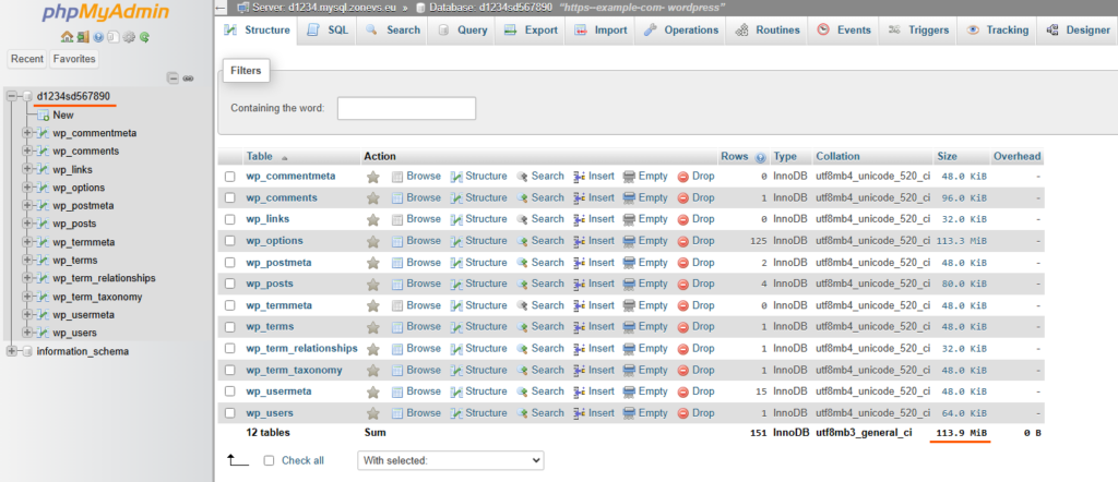 Database size and its tables can be viewed via various client programs and phpMyAdmin or directly from the SSH terminal.