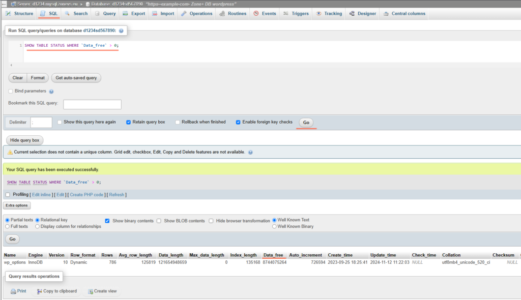 Database size - The Data_free column of the query result table shows the overhead of the table, the sizes are displayed in bytes: