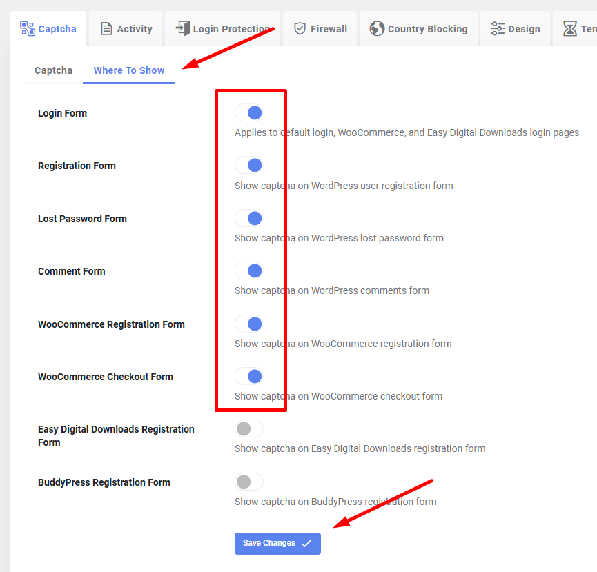 Securing forms on the website - Under the Where To Show tab, select which forms should be protected by the CAPTCHA.