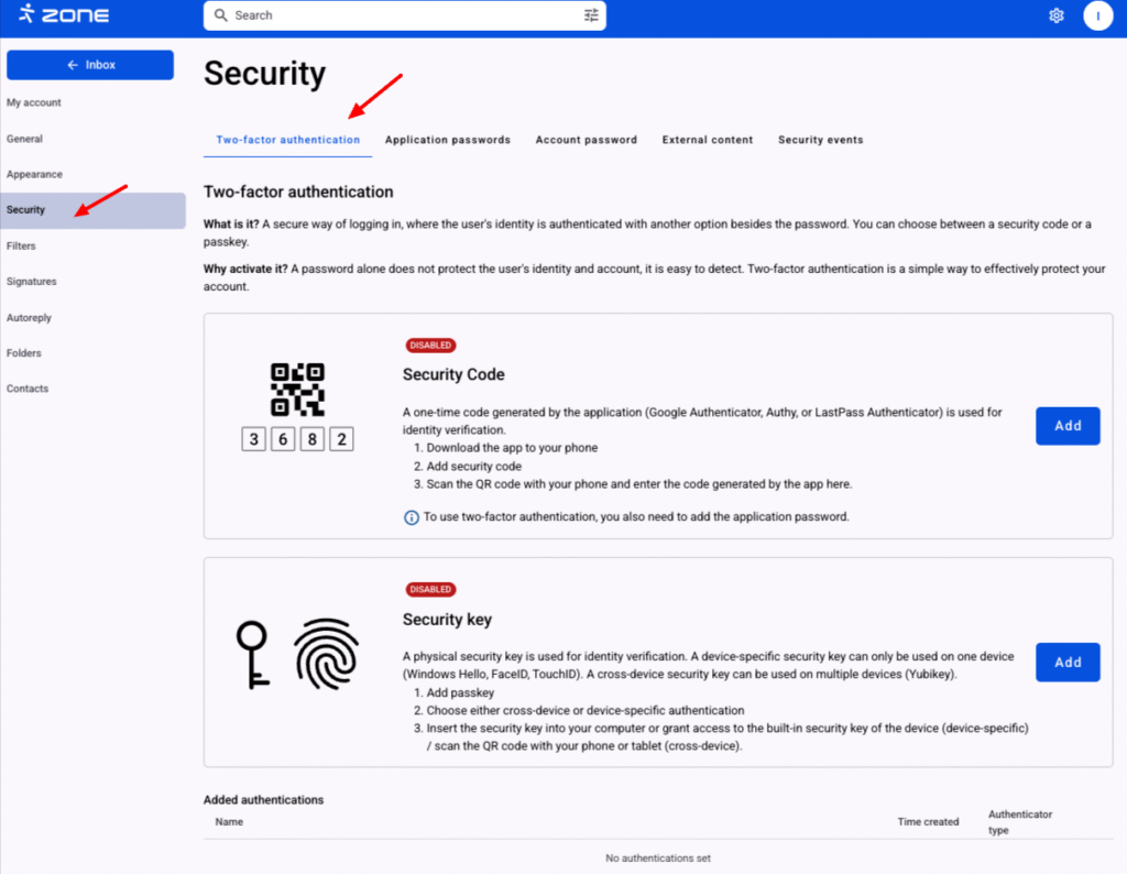 Activating two-factor email authentication requires installing a TOTP application to Your smartphone, for example Google Authenticator for IOS or Android first. In order to activate the 2FA, log in to your email account at Webmail.