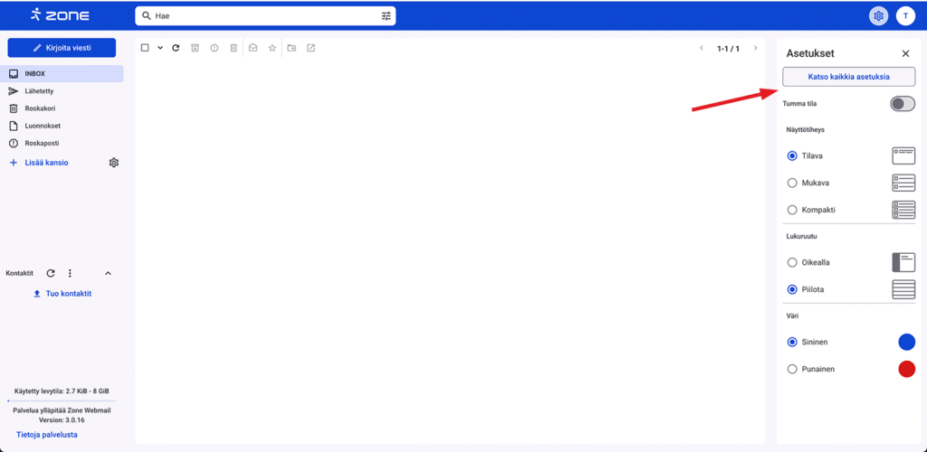 Yleiset webmail-asetukset löytyvät napsauttamalla oikeassa yläkulmassa olevaa rataskuvaketta ja valitsemalla Katso kaikkia asetuksia ja napsauttamalla sitten Yleiset.
