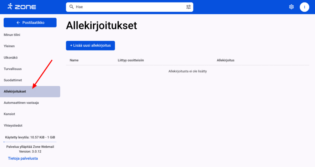 Allekirjoituksen lisääminen Webmailiin on Zonessa erittäin helppoa ja tuossa ympäristössä saat hallita niitä tarpeesi mukaan.