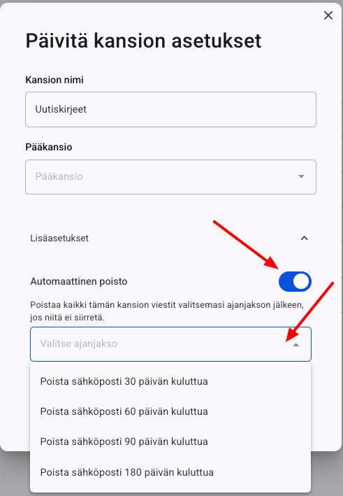 Sähköpostien automaattinen poistaminen Webmail-kansioista: Automaattisen poiston aktivoimiseksi sinun on aktivoitava vastaava vaihtoehto ja valittava sitten ajanjakso. Poistojaksoksi voi valita 30, 60, 90 tai 180 päivää, minkä jälkeen kansiossa olevat sähköpostit poistetaan.