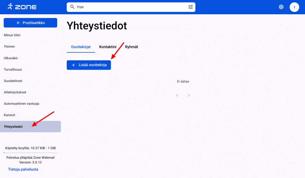Webmailin UKK: Webmail tukee yhteystietojen tuomista CSV-muodossa ulkoisista sovelluksista, kuten Gmailista, Outlookista ja Mac Mailista.