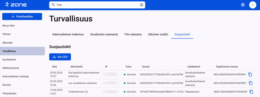 Zone webmail UKK: Käyttäjä voi tarvittaessa tarkistaa, missä ja miten hänen postilaatikkonsa todennus (tai todennusyritys) tehtiin.
